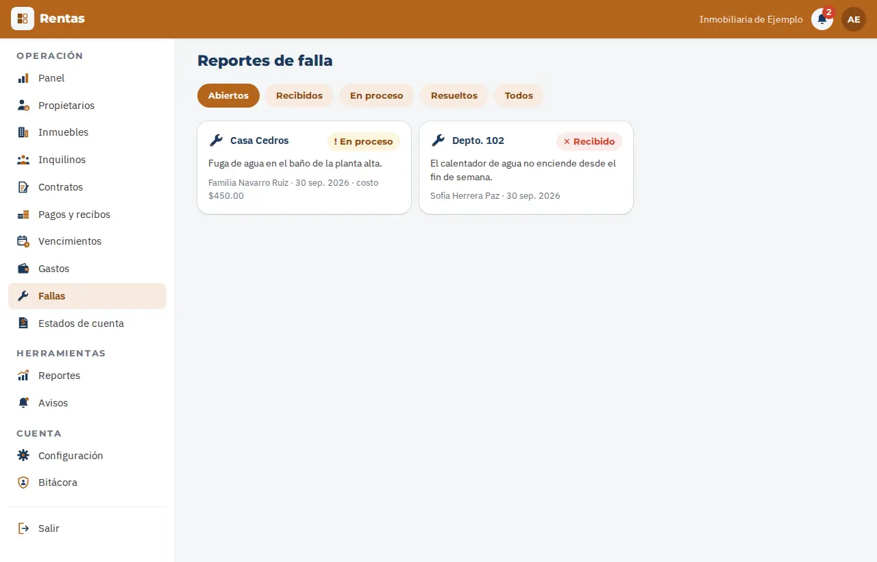 Reportes de falla con su estatus: recibido, en proceso y resuelto